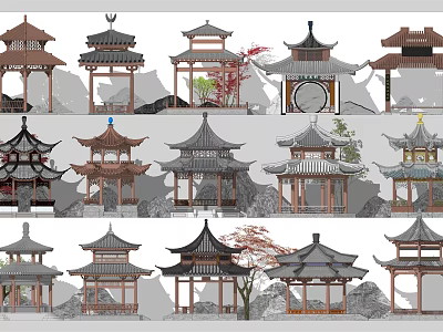 Traditional Chinese Pavilions Design With Various Architectural Styles And Natural Elements 3d model