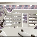 Purple Themed Specialty Store Interior With White Dolls Display Shelves And Decorative Plants