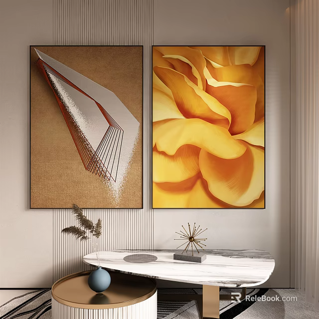 Modern Interior Wall Art Featuring Abstract Geometry And Yellow Flower Design 3d model
