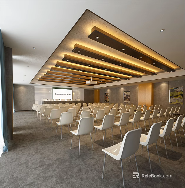 Modern Conference Room Interior With White Chairs Projection Screen Wooden Ceiling And Gray Walls 3d model 
