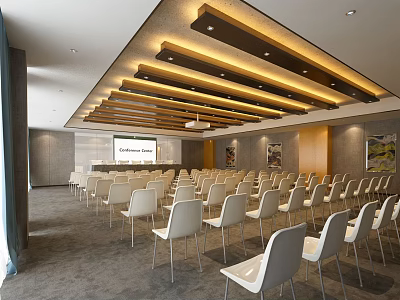 Modern Conference Room Interior With White Chairs Projection Screen Wooden Ceiling And Gray Walls 3d model