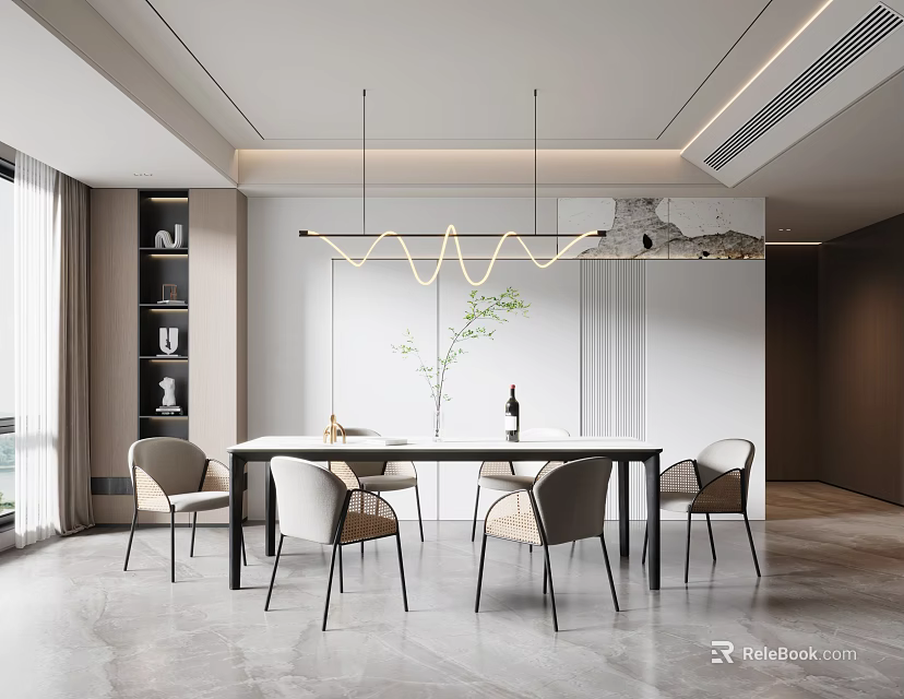 Modern Restaurant Interior With Long Dining Table Chairs Wavy Pendant Light And Green Plant 3d model 