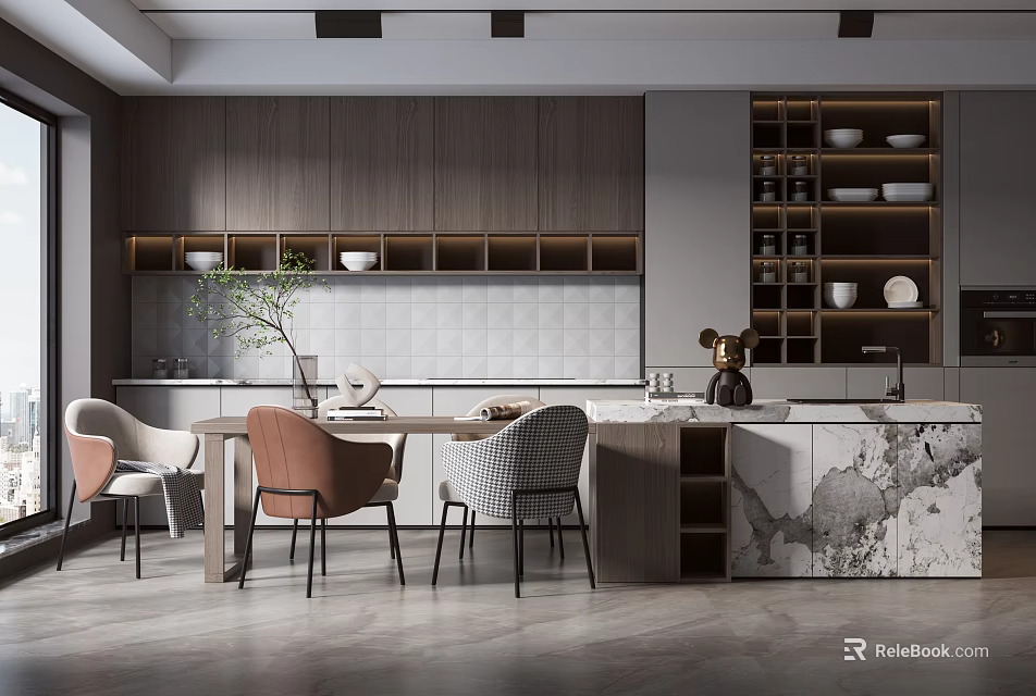 Modern Restaurant With Open Concept Kitchen Dining Table Chairs Marble Countertop And Cabinets 3d model 