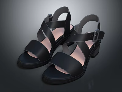 Women's Stylish Black Leather Sandals With Crisscross Straps And Block Heel 3d model