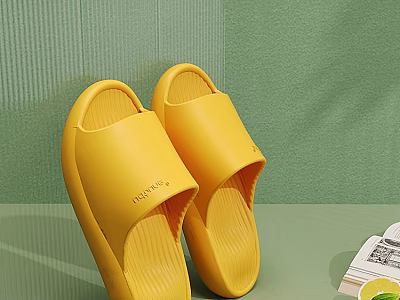 FUSHIA Yellow Slippers Comfortable Slip On Design Soft Rubber Material Against Green Wall And Table 3d model