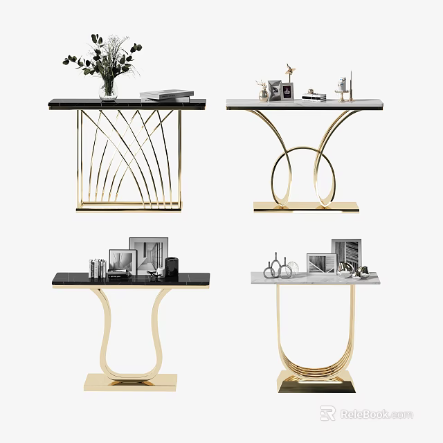 Modern Elegant Console Table With Golden Metal Frame And Decorative Items On Marble Top 3d model 