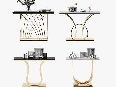 Modern Elegant Console Table With Golden Metal Frame And Decorative Items On Marble Top 3d model