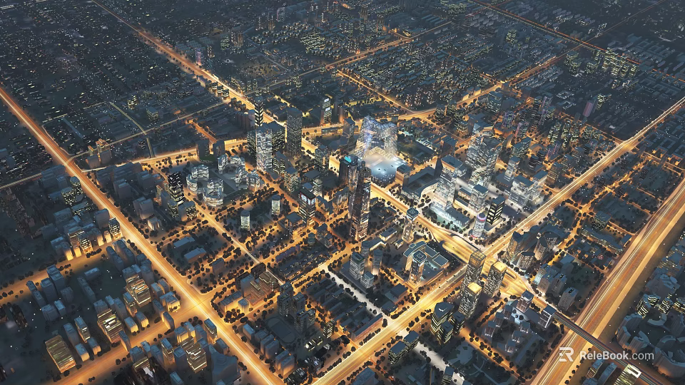 Aerial Planning of Modern Urban Night View with Detailed Road Layout and Buildings 3d model 