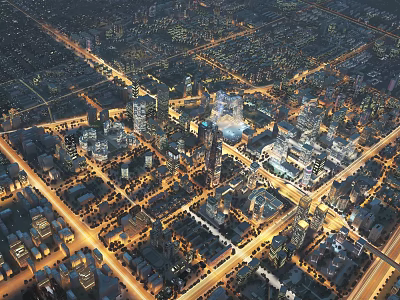 Aerial Planning of Modern Urban Night View with Detailed Road Layout and Buildings 3d model
