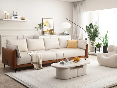 Modern Living Room Interior With Beige Sofa Yellow Cushion White Coffee Table And Green Plants 3d model
