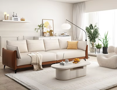 Modern Living Room Interior With Beige Sofa Yellow Cushion White Coffee Table And Green Plants 3d model