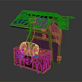 Modern Wooden Market Stall Setup With Blue Glass Windows And Emblem Chest