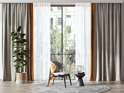 Modern Curtains with Sheer Panels by Window in Living Room with Green Plant and Chair 3d model