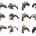 Game and Movie Character with Ornate Headpiece Large Feathered Wings Holding Spear in Multiple Poses