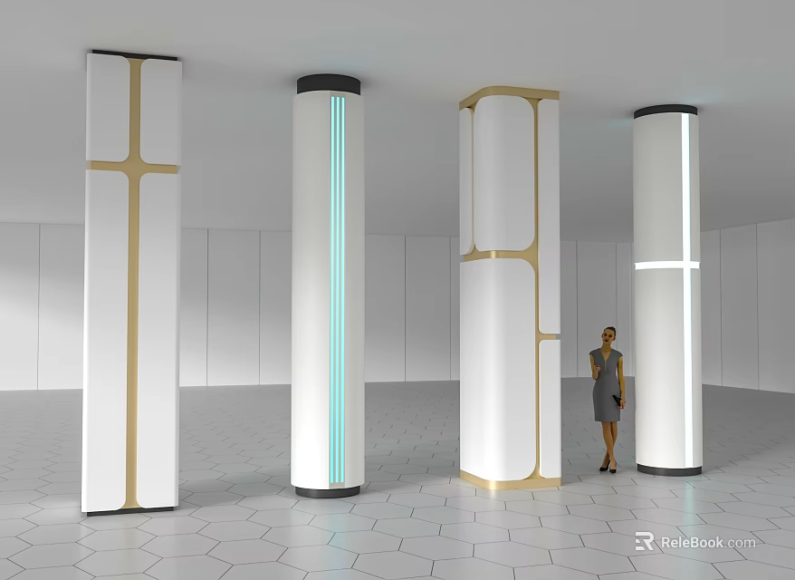 Modern Interior With Four Differently Designed Pillars And Standing Person On Hexagonal Floor Tiles 3d model