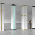 Modern Interior With Four Differently Designed Pillars And Standing Person On Hexagonal Floor Tiles 3d model