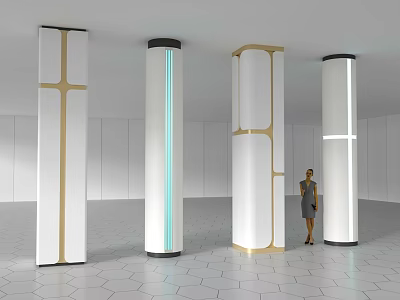 Modern Interior With Four Differently Designed Pillars And Standing Person On Hexagonal Floor Tiles 3d model