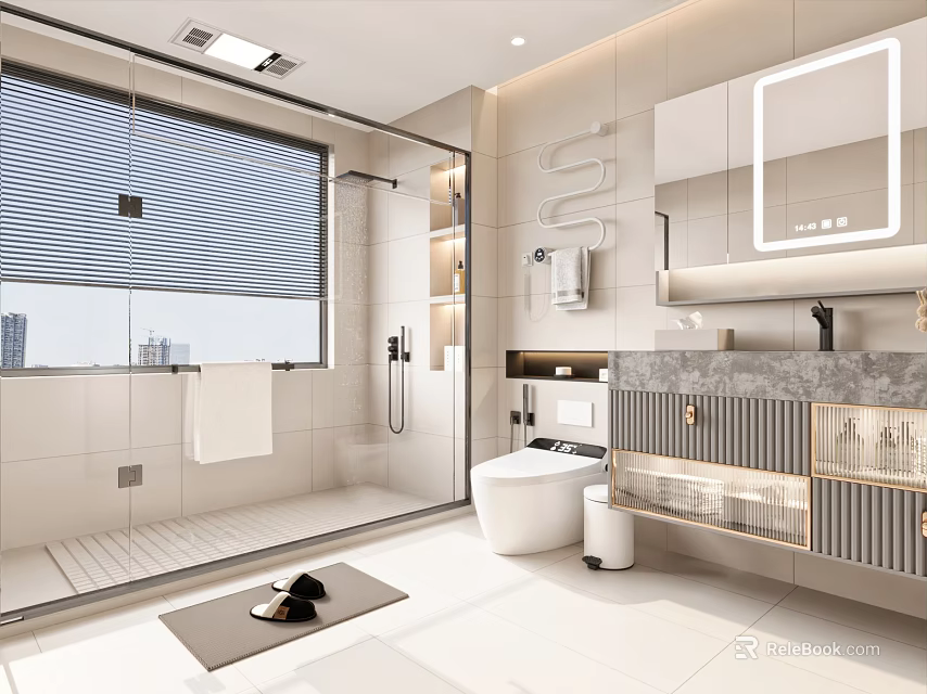 Modern Bathroom Interior Design With Shower Area White Tiles Marble Vanity And Mirror 3d model 