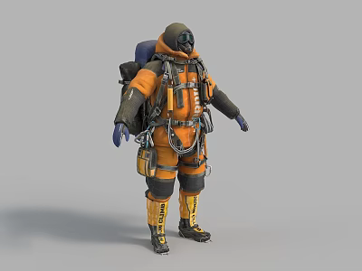 Man In Orange Protective Suit With Helmet Face Mask And Backpack 3d model