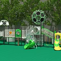 Kindergarten Outdoor Playground With Green Floor Soccer Ball Shaped Structures Slides And Trees
