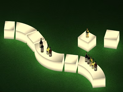 Curved Public Chairs Arrangement In Green Outdoor Space With Decorative Bottles 3d model