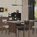 Modern Minimalist Restaurant Interior With Dining Table Chairs Pendant Light Cabinet And Window Blinds