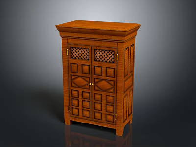 Traditional Wooden Cabinet With Double Doors Diamond And Square Panel Design Flat Top Solid Wood 3d model