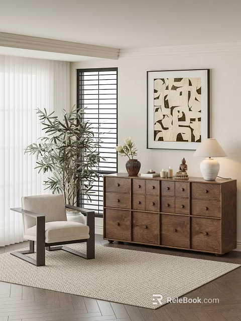 Wooden Chest of Drawers with Table Lamp Potted Plant Armchair and Decorative Painting 3d model 