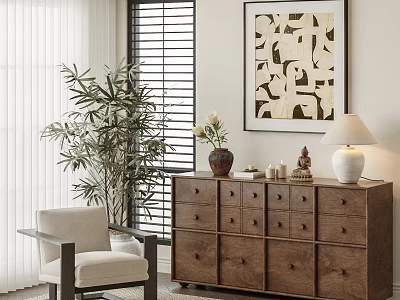 Wooden Chest of Drawers with Table Lamp Potted Plant Armchair and Decorative Painting 3d model