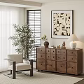 Wooden Chest of Drawers with Table Lamp Potted Plant Armchair and Decorative Painting