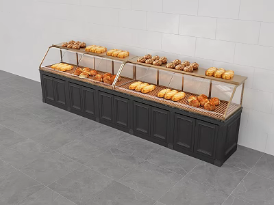 Modern Bakery Display Shelf with Glass Cover and Black Cabinets Holding Assorted Breads 3d model