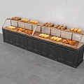 Modern Bakery Display Shelf with Glass Cover and Black Cabinets Holding Assorted Breads