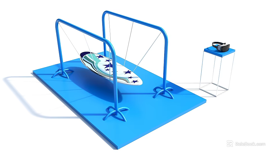 Interactive VR Experience Setup with Blue Frames and Star Patterned Board 3d model
