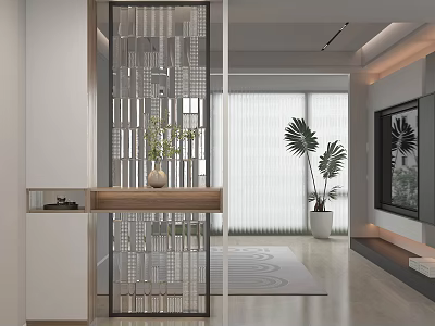 Modern Hallway With Wooden Console Table Vase Green Plant Metal Screen And Living Room View 3d model
