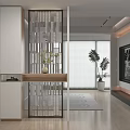 Modern Hallway With Wooden Console Table Vase Green Plant Metal Screen And Living Room View