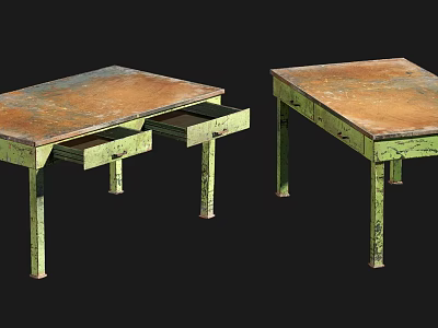 Rustic Green Leg Desks With Copper Tops And Drawer Design Elements 3d model