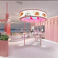 Pink Dessert Shop With Circular Display Counter Glass Cases Bright Lighting And Fresh Pastries