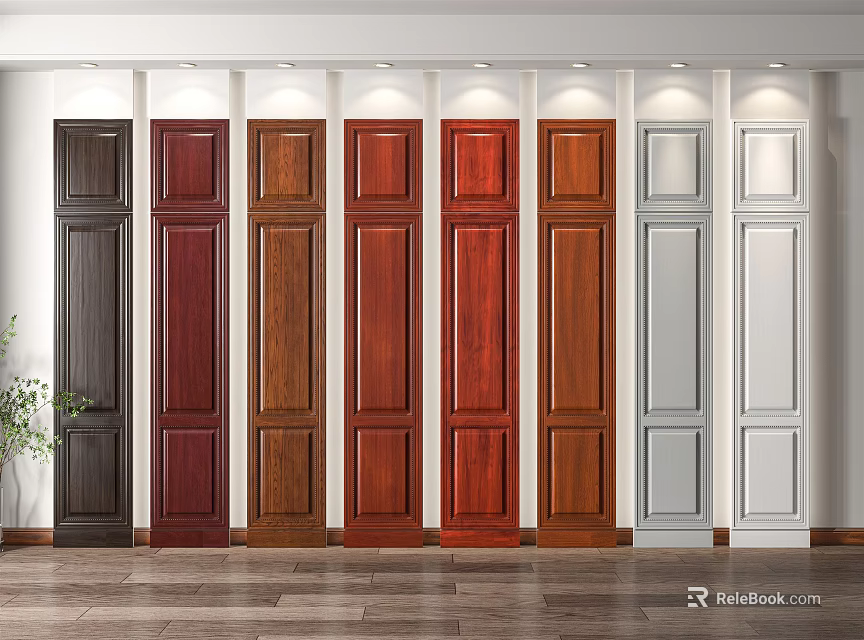 Various Colored Wooden Doors Arranged On Wall With Different Finishes 3d model 