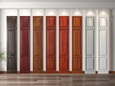 Various Colored Wooden Doors Arranged On Wall With Different Finishes 3d model