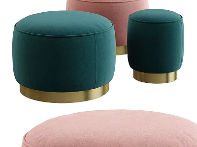 Teal and Pink Velvet Round Ottomans with Gold Metal Bases for Living Room 3d model
