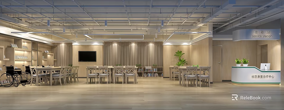 Modern Dining Area Interior With Wooden Floor Tables Chairs TV Bookshelf And Plant 3d model 
