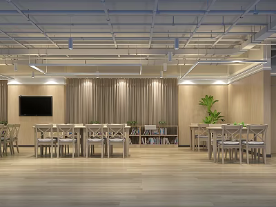 Modern Dining Area Interior With Wooden Floor Tables Chairs TV Bookshelf And Plant 3d model