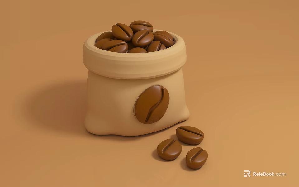 Coffee Beans Heap In Sack With Scattered Beans On Brown Background 3d model 