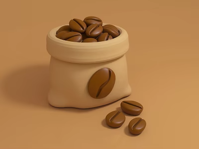 Coffee Beans Heap In Sack With Scattered Beans On Brown Background 3d model