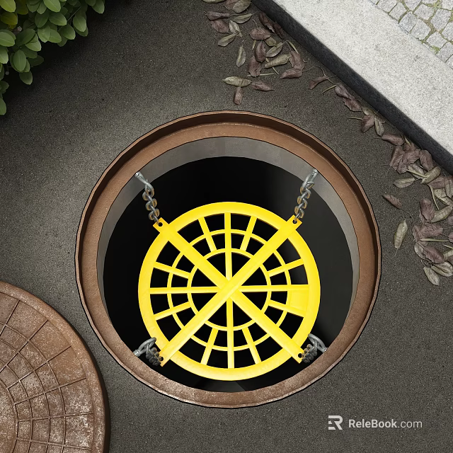 Sturdy Yellow Metal Grid Hardware Tool Manhole Cover With Chains For Drainage 3d model 