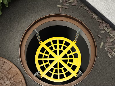 Sturdy Yellow Metal Grid Hardware Tool Manhole Cover With Chains For Drainage 3d model