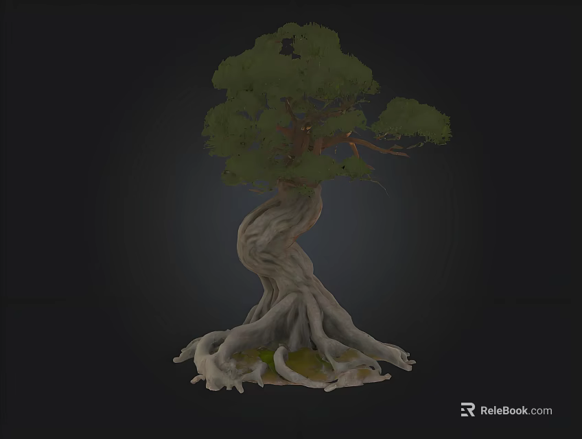 Artistic Sculptural Tree With Twisted Trunk Exposed Roots And Green Foliage 3d model 