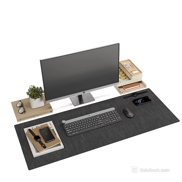 Home Office Desktop Computer Setup With Monitor Keyboard Mouse And Potted Plant 3d model 