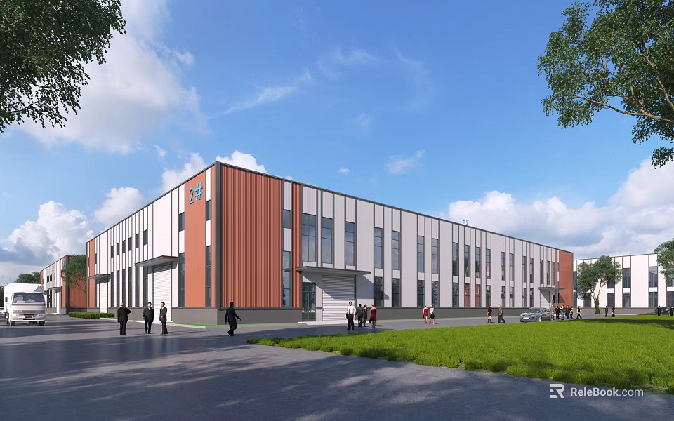 Modern Industrial Factory Building With Red Brown White Facade Green Lawn And People Walking 3d model 