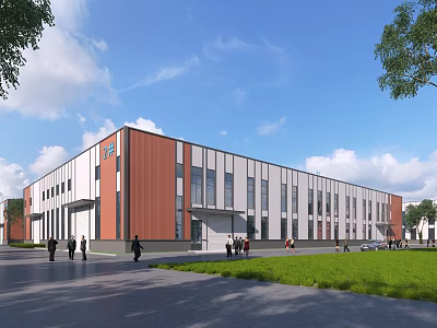 Modern Industrial Factory Building With Red Brown White Facade Green Lawn And People Walking 3d model